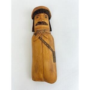 Hand Carved Wood Man Mustache Scarf Signed Hanging Decor 9”